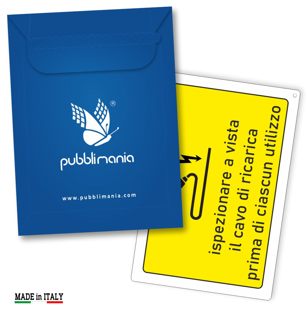Pubblimania Cartello ispezionare a vista il cavo di ricarica con il tuo logo, per Stazione di Ricarica Auto Elettriche in Alluminio per esterno spessore 3 mm (Cm 30x20)