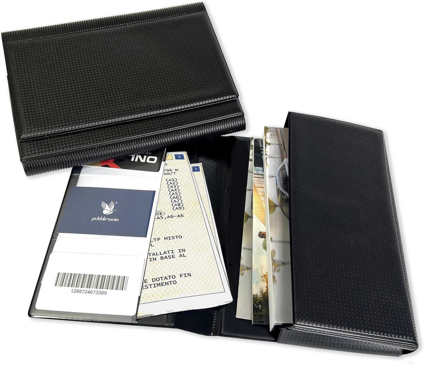 Pubblimania Portadocumenti Auto Luxe multitasche per auto, moto, scooter a due ante con porta patente, porta card
