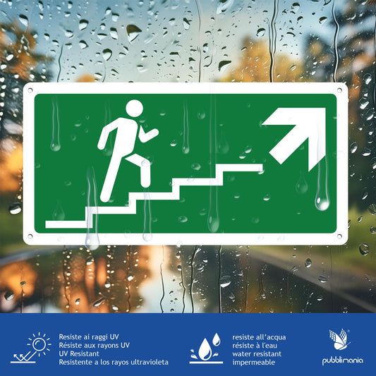 Pubblimania USCITA DI EMERGENZA SCALE SALITA A DESTRA | Cartello in alluminio composito metallo 3 mm di spessore
