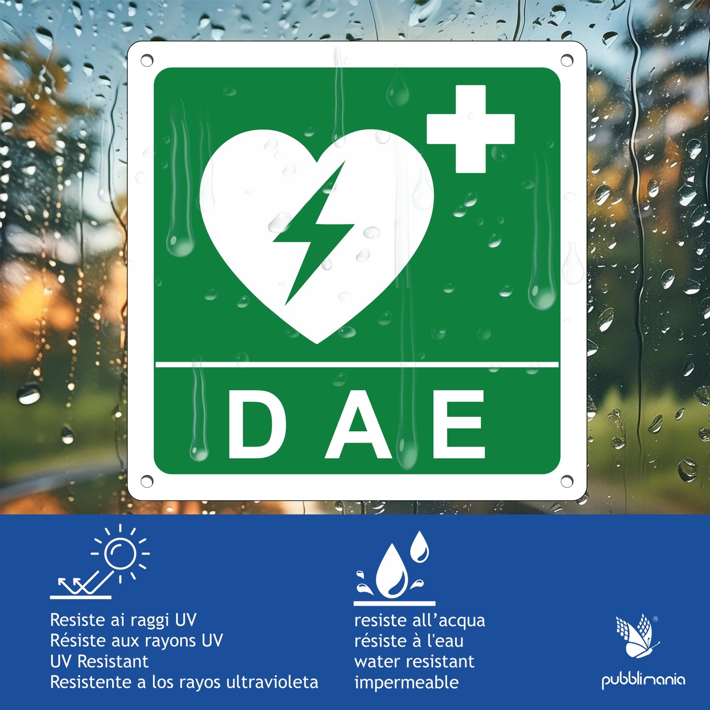 Pubblimania Cartello DEFIBRILLATORE DAE in alluminio composito 3 mm di spessore (Cm 20x20)