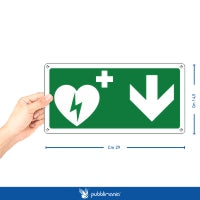 Pubblimania Cartello DEFIBRILLATORE DAE con freccia in basso in alluminio composito 3 mm di spessore (Cm 29x14,5)
