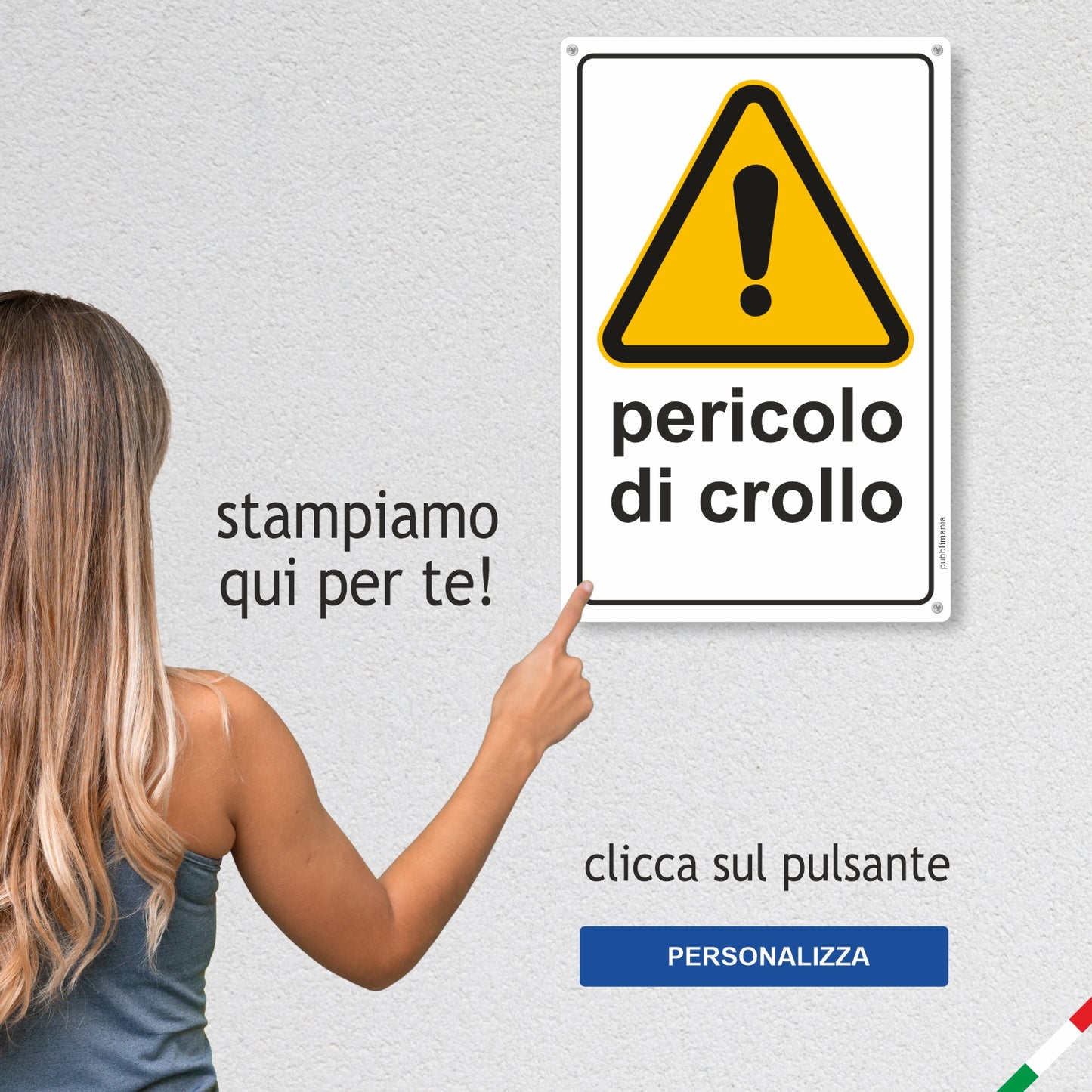 Pubblimania CARTELLO PERICOLO DI CROLLO PERSONALIZZATO | in alluminio composito metallo 3 mm di spessore