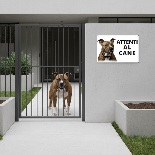 Cartello Attenti al Cane - Amstaff ben visibile