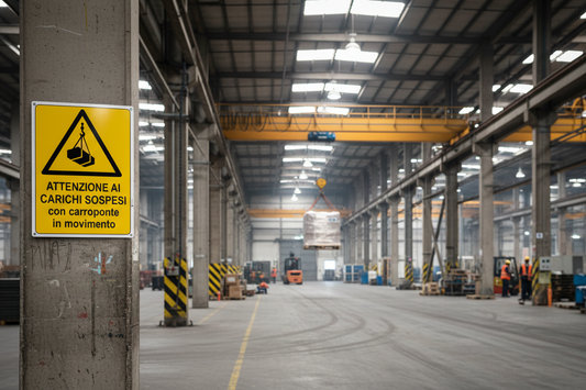 Cartello carichi sospesi in ambiente industriale