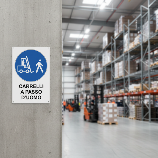 Cartello Carrelli a Passo d'Uomo in magazzino moderno