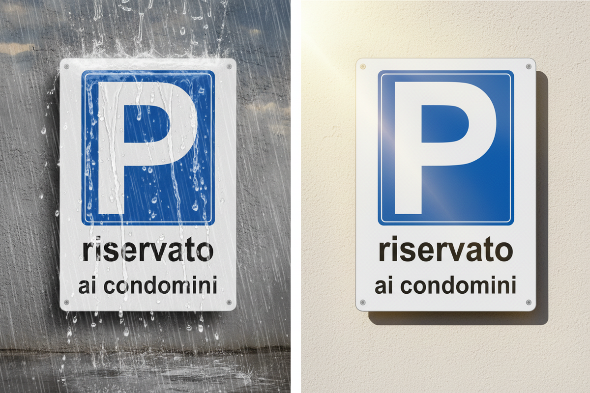 Cartello parcheggio - confronto resistenza pioggia e sole
