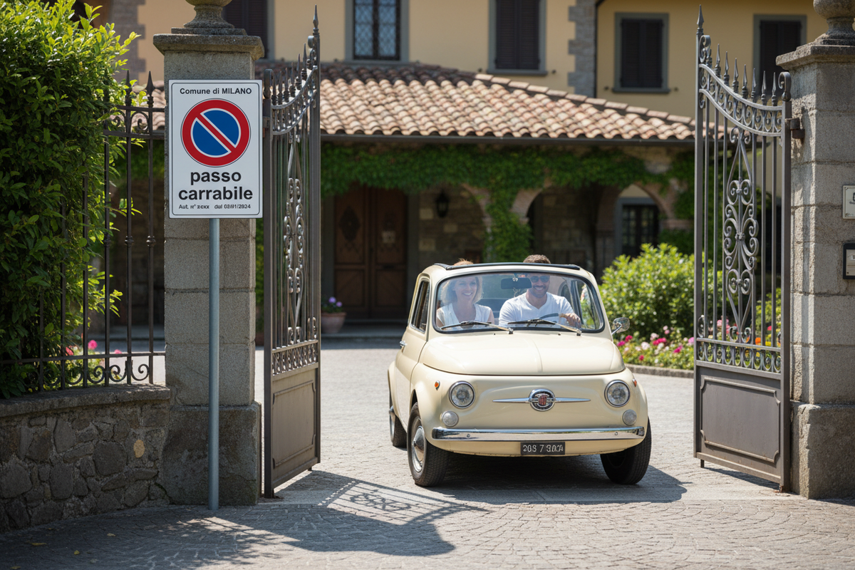 Cartello passo carrabile installato davanti a villetta