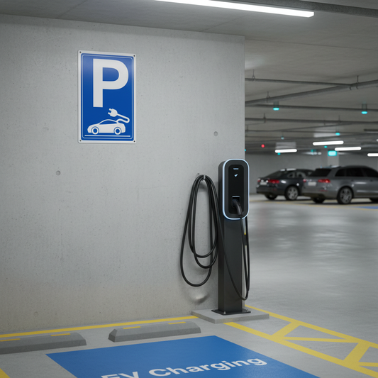 Cartello Ricarica Veicoli Elettrici installato in parcheggio pubblimania