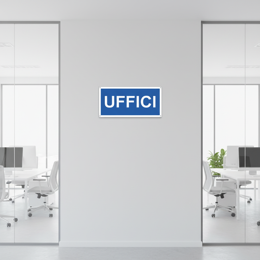 Cartello UFFICI tra vetrate di uffici moderni