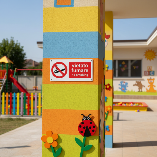Cartello vietato fumare su muro esterno scuola dell'infanzia