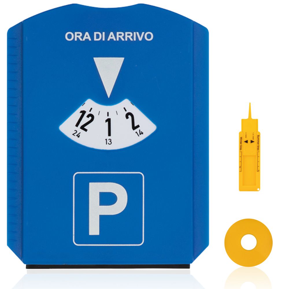 Pubblimania Mehrsprachige Parkscheibe Italien, 5-in-1 Multifunktion (mit Einkaufswagenchip und Reifendickenmesser)