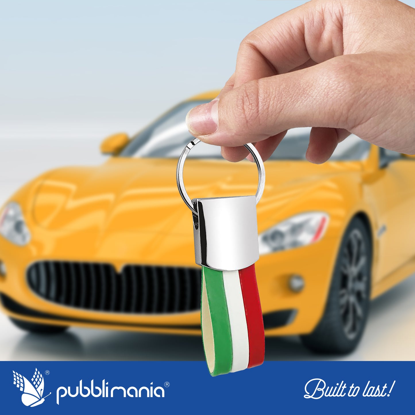Pubblimania Portachiavi Bandiera Italia. Acciaio e Poliuretano, Scatola Regalo Blu. Leggero e molto resistente