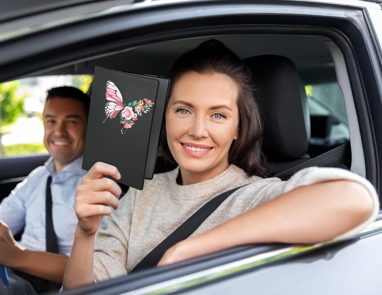 Pubblimania Dokumentenmappe mit Schmetterlings- und Blumenmotiv und mehreren Fächern für Autos, Motorräder, Roller mit zwei Türen sowie Führerschein- und Kartenhalter
