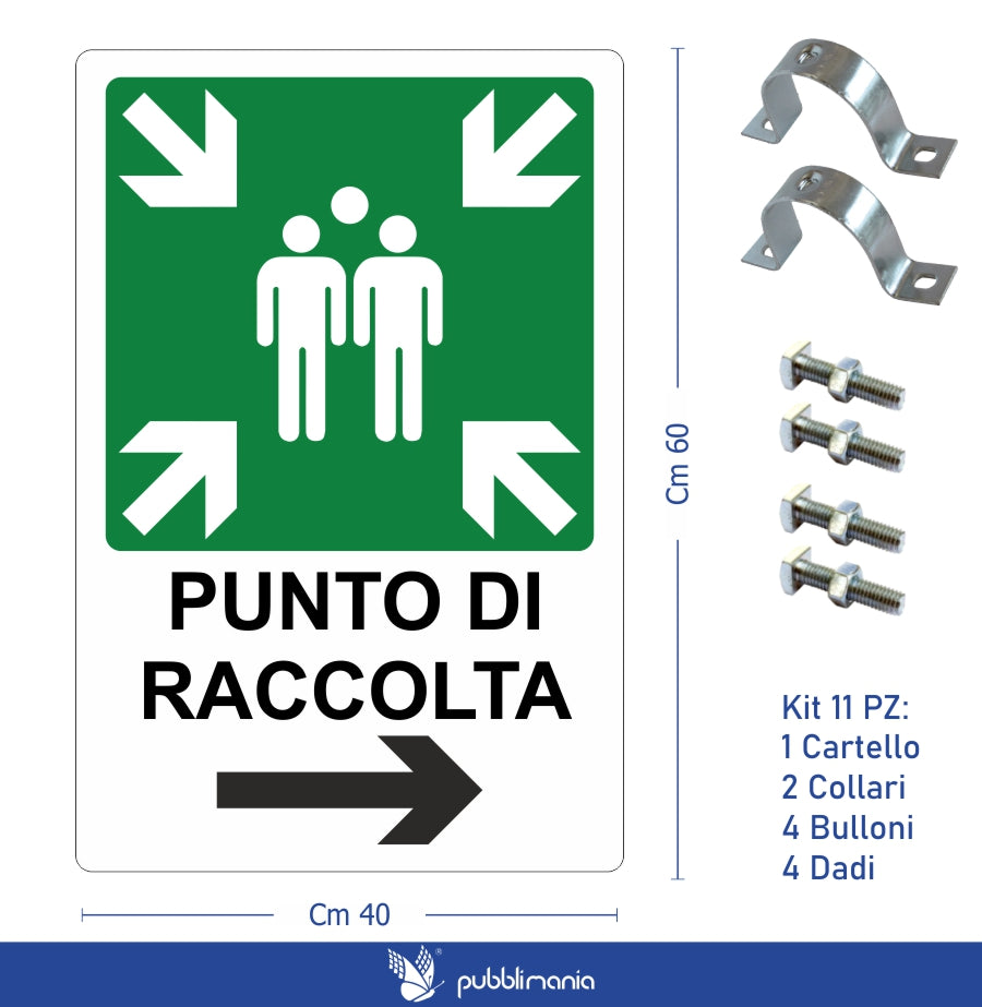 Pubblimania CARTELLO PUNTO DI RACCOLTA CON FRECCIA DESTRA per installazione a paletto