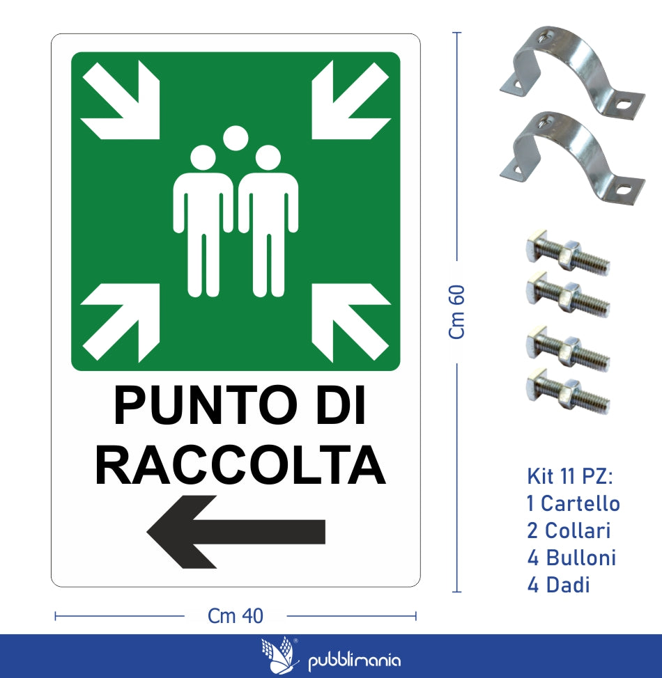 Pubblimania Sammelstellenschild mit Pfeil nach links für Mastinstallation