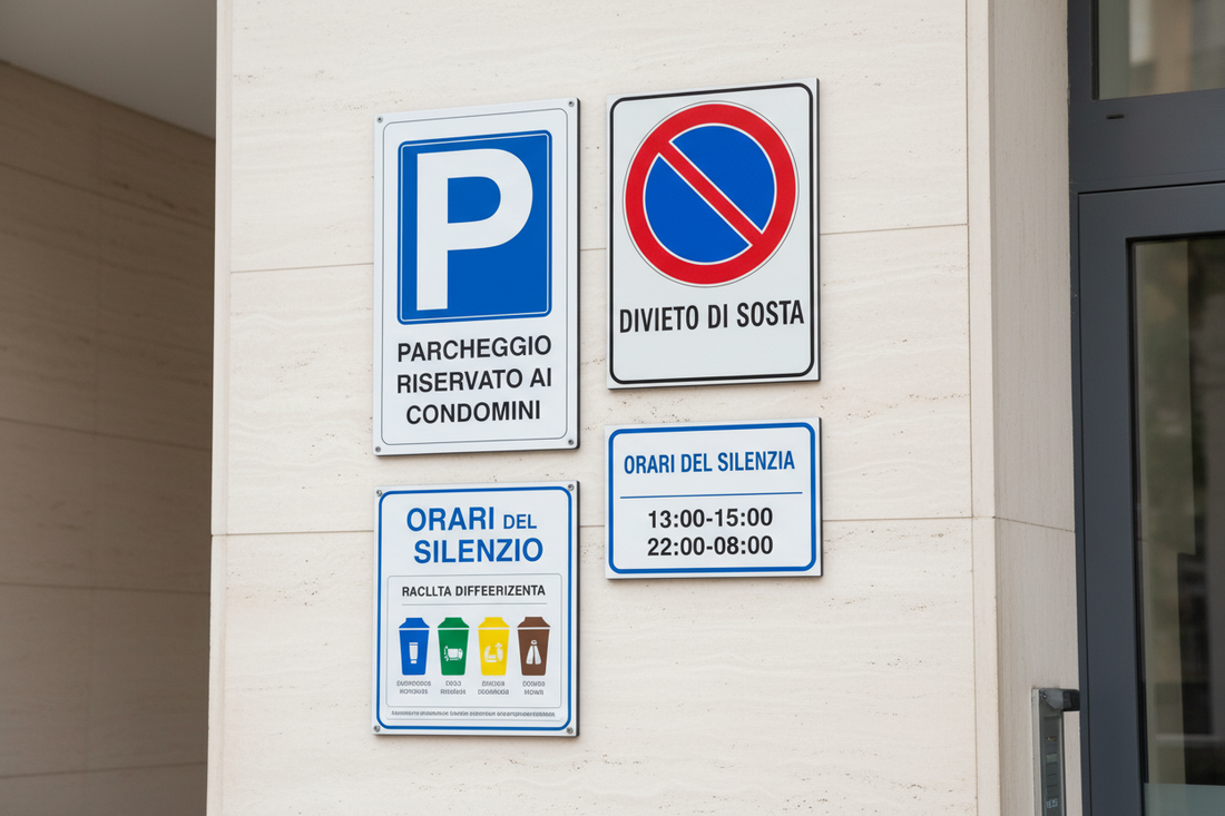 Cartelli di segnaletica per condomini in alluminio composito - Parcheggio riservato, divieti e indicazioni per aree comuni condominiali