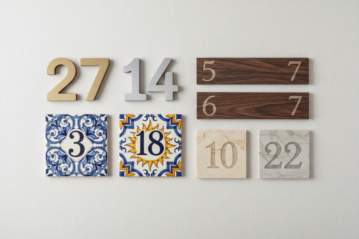 numeri civici con effetto mattonella, legno argento spazzolato