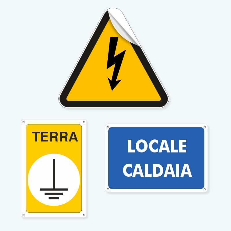 Collezione cartelli e adesivi per elettricisti e installatori