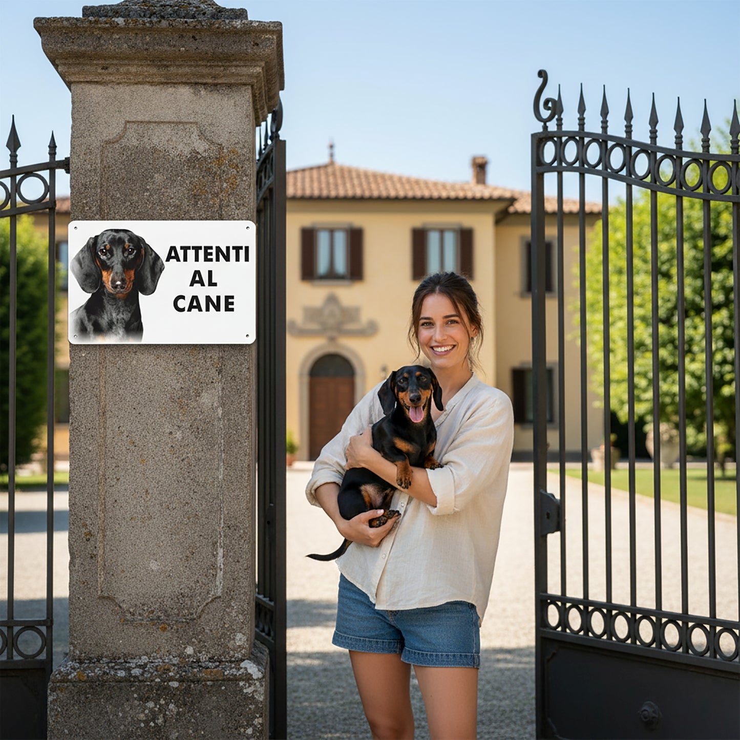 cartello attenti al cane bassotto applicato al muro