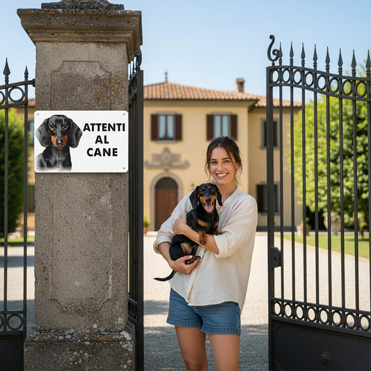cartello attenti al cane bassotto applicato al muro