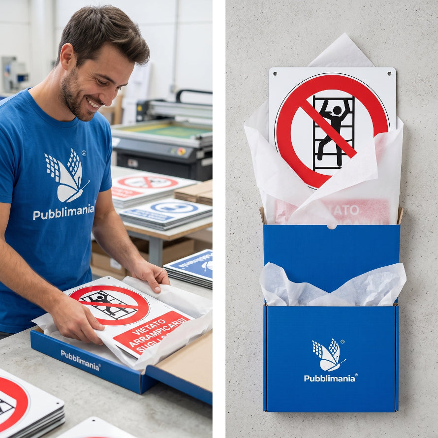 pubblimania unboxing e inboxing cartello divieto di arrampicarsi sugli scaffali di u magazzino deposito