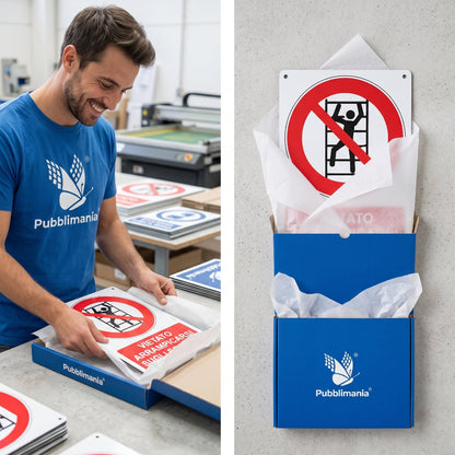 pubblimania unboxing e inboxing cartello divieto di arrampicarsi sugli scaffali di u magazzino deposito