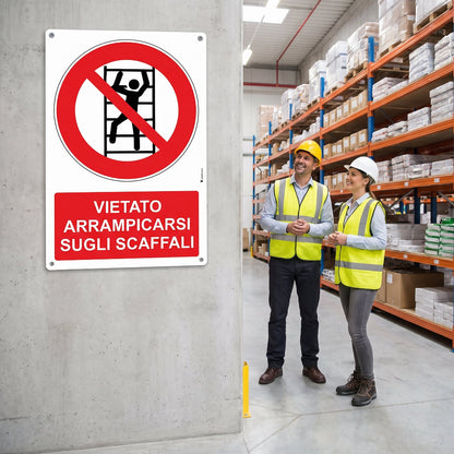 cartello vietato arrampicarsi sugli scaffali  magazzino pubblimaia