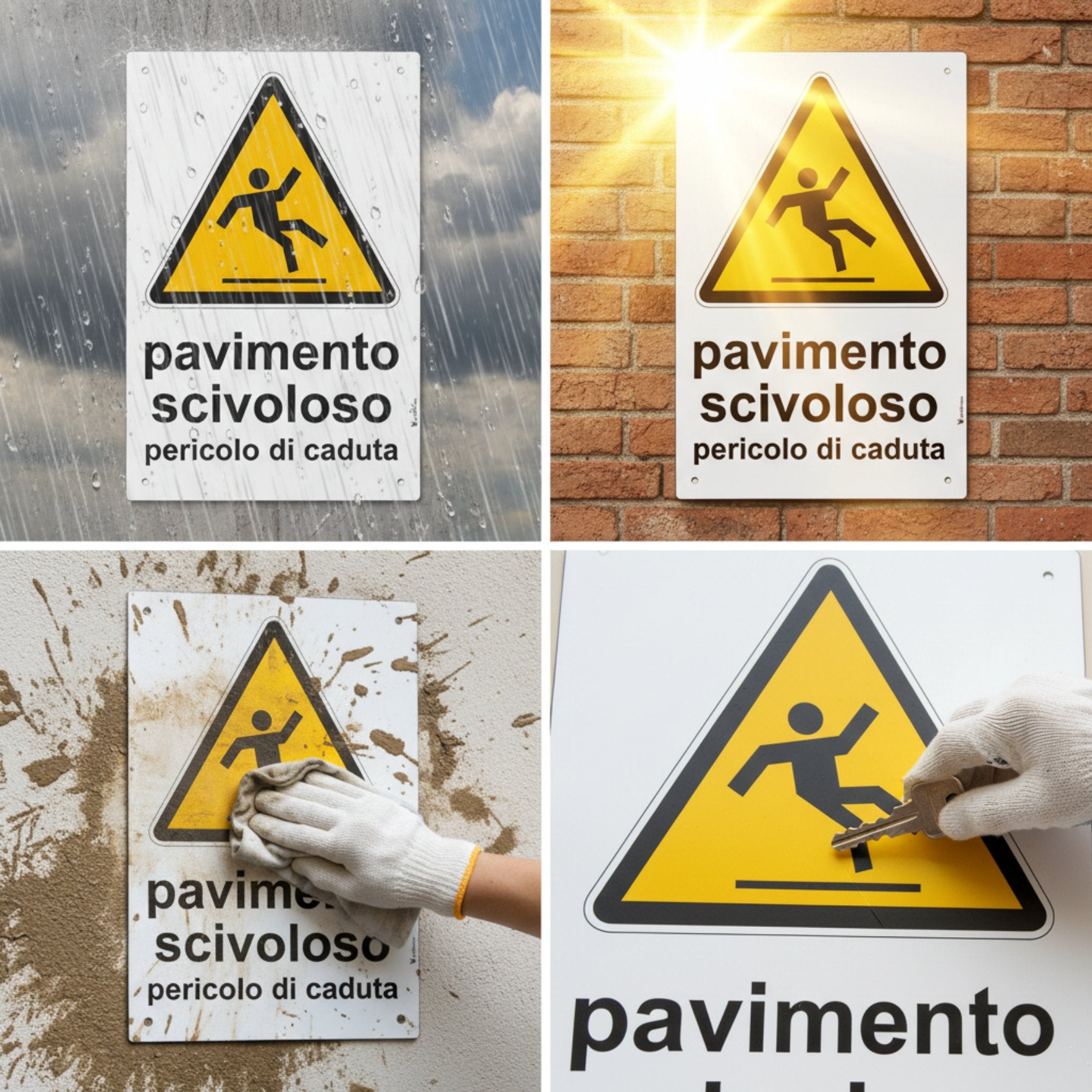 cartello pavimento scivoloso pericolo di caduta segnale in alluminio composito da 3 mm di spessore con 4 fori agli angoli durevole a pioggia sole sporcizia e graffi