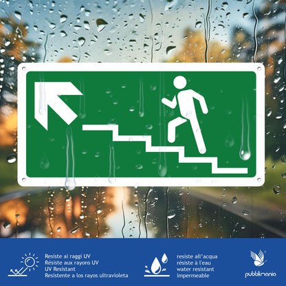 Pubblimania SORTIE DE SECOURS ESCALIER À GAUCHE | Panneau en aluminium composite de 3 mm d'épaisseur (29 x 14,5 cm)