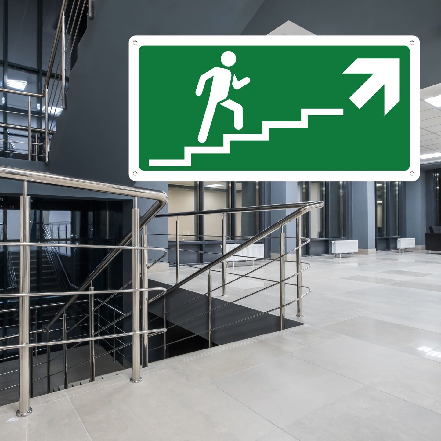 Pubblimania USCITA DI EMERGENZA SCALE SALITA A DESTRA  | Cartello in alluminio composito metallo 3 mm di spessore