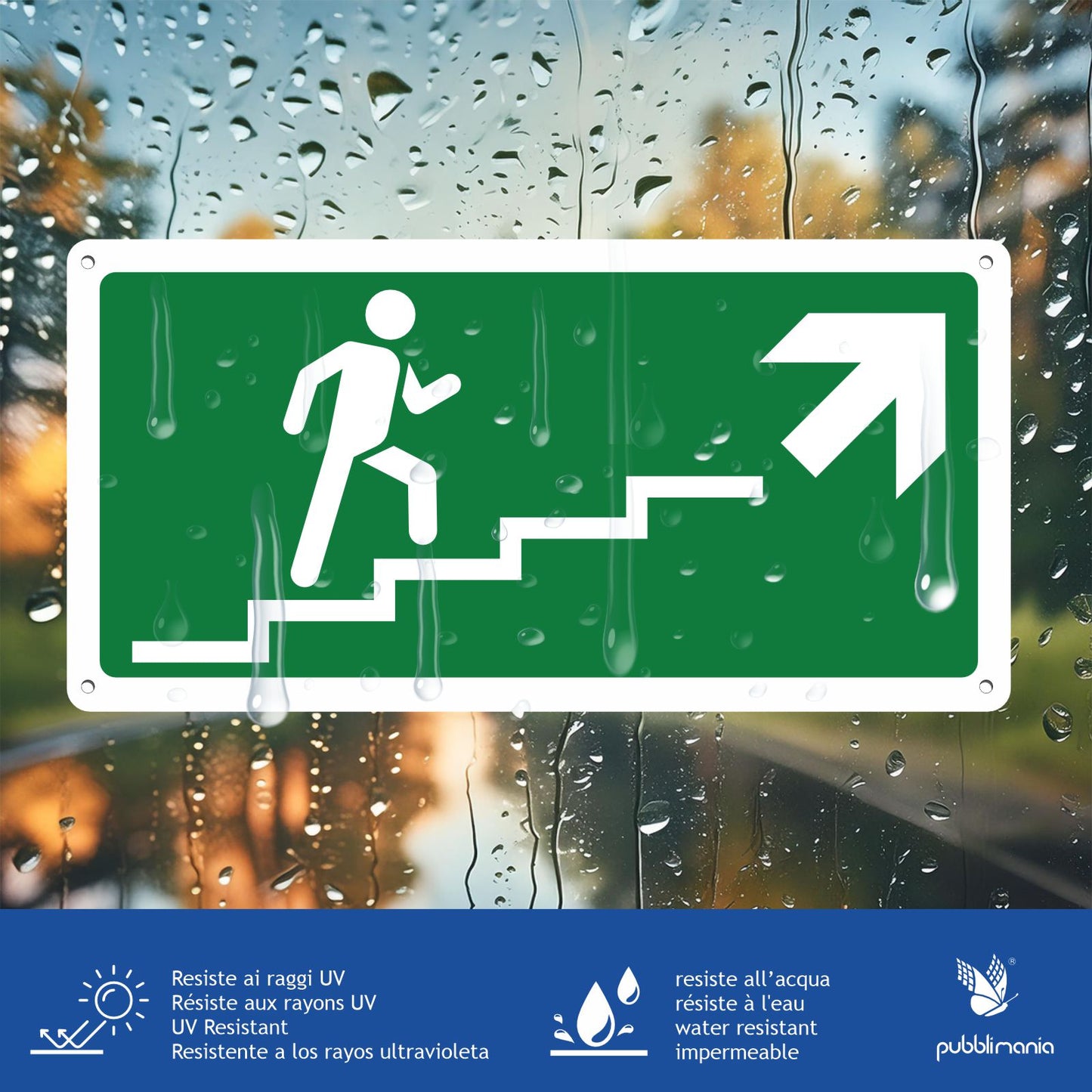 Pubblimania USCITA DI EMERGENZA SCALE SALITA A DESTRA  | Cartello in alluminio composito metallo 3 mm di spessore