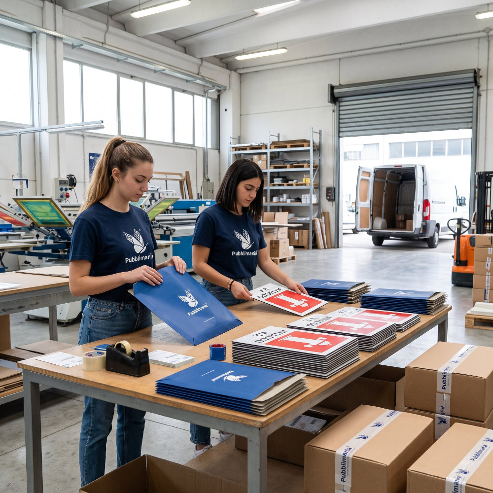 impacchettamento cartelli pubblimaniastore laboratorio serigrafia