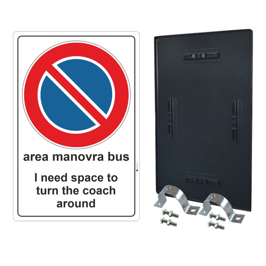 Pubblimania CARTELLO DIVIETO DI SOSTA MANOVRA BUS BILINGUE, per installazione a paletto. Con di Staffe e Bulloni