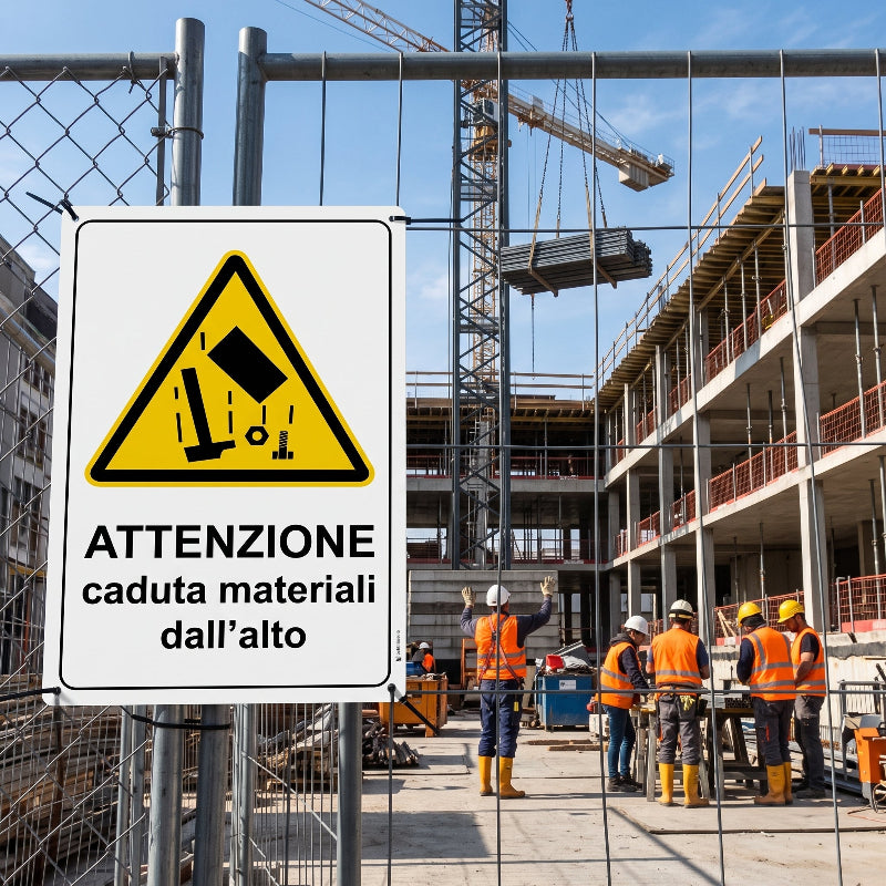 cartello caduta materiali dall'alto in alluminio in un cantiere edile pubblimania