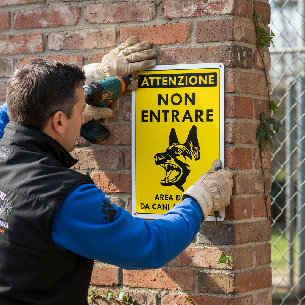 Addestratore che installa cartello Area Cani Addestrati