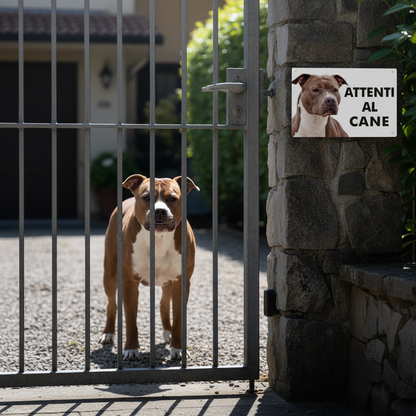 Amstaff marrone più indietro dietro al cancello