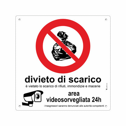 Pubblimania Cartello Divieto di scarico Area videosorvegliata alluminio composito da 3 mm di spessore