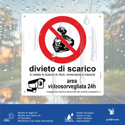 Pubblimania Cartello Divieto di scarico Area videosorvegliata alluminio composito da 3 mm di spessore