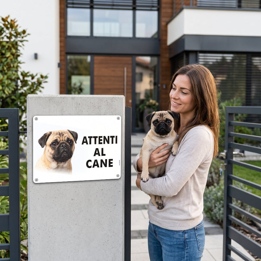 cartello attenti al cane carlino in metallo per esrerno cancello