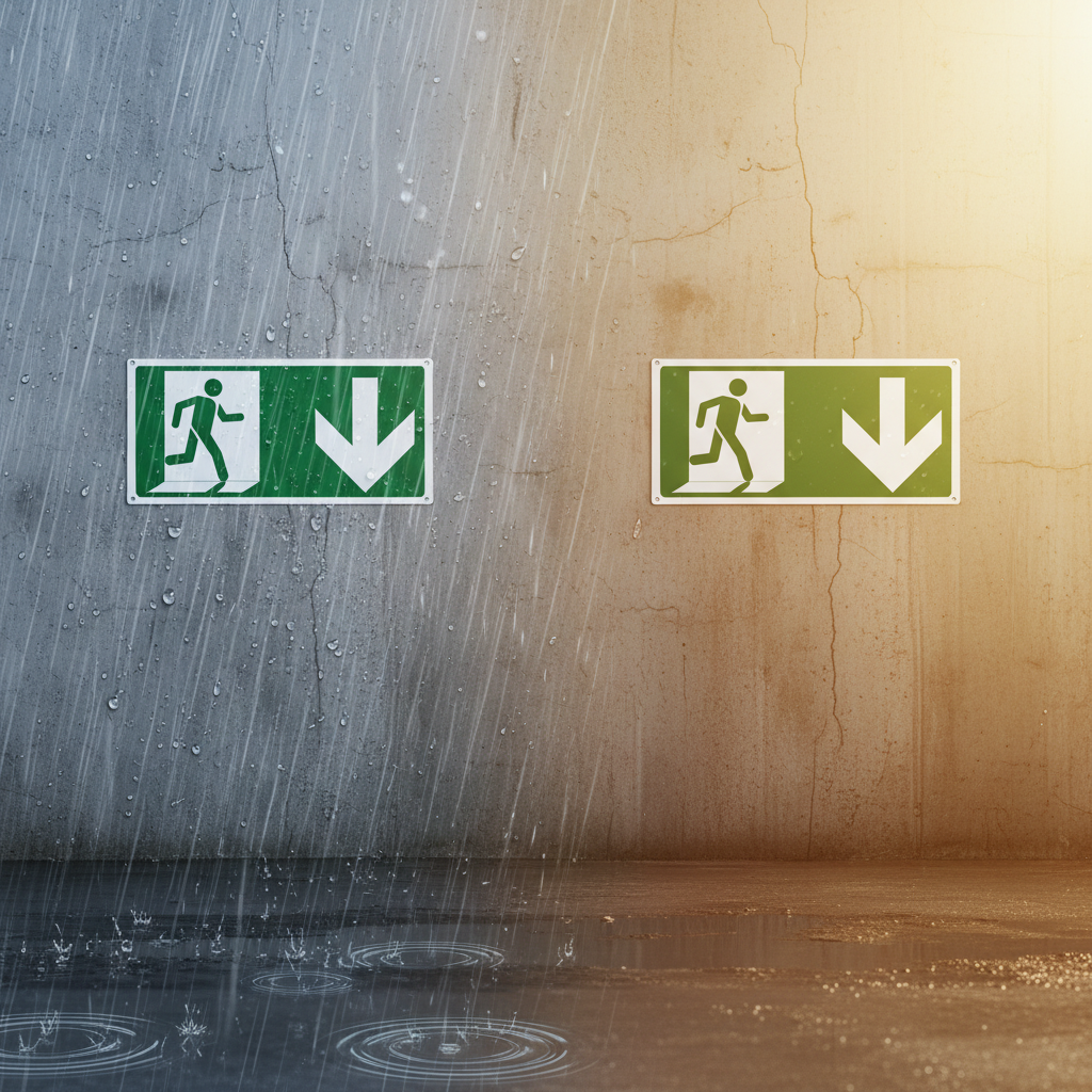 Cartelli uscita di sicurezza in scene meteo contrastanti