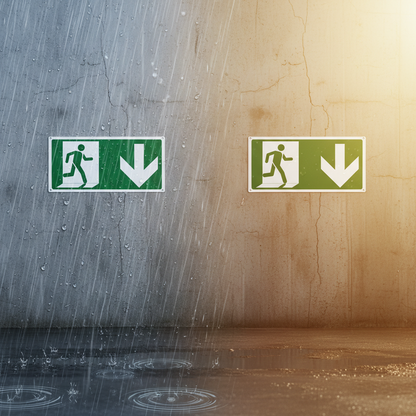 Cartelli uscita di sicurezza in scene meteo contrastanti