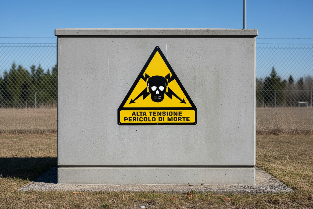 Cartello alta tensione ingrandito su cabina elettrica