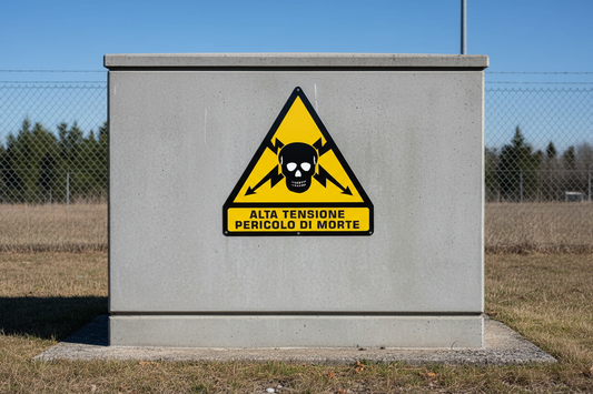 Cartello alta tensione ingrandito su cabina elettrica