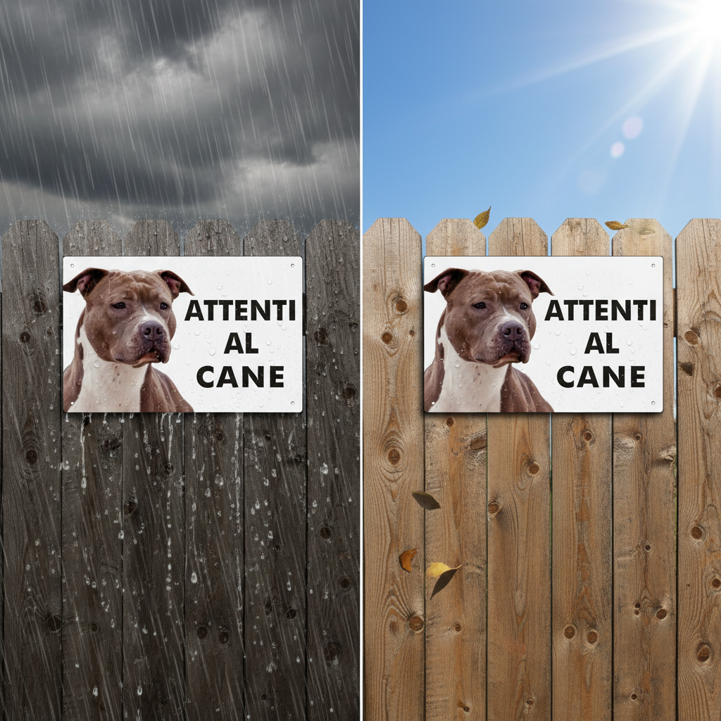 Cartello Amstaff marrone su staccionata in condizioni climatiche estreme