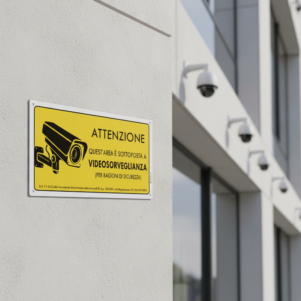 Cartello Area Videosorvegliata su palazzo moderno con telecamere in lontananza