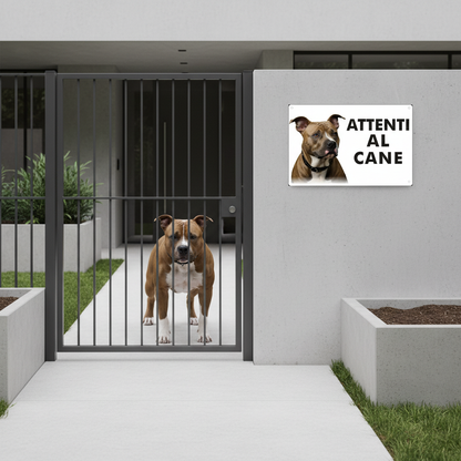 Cartello Attenti al Cane - Amstaff ben visibile