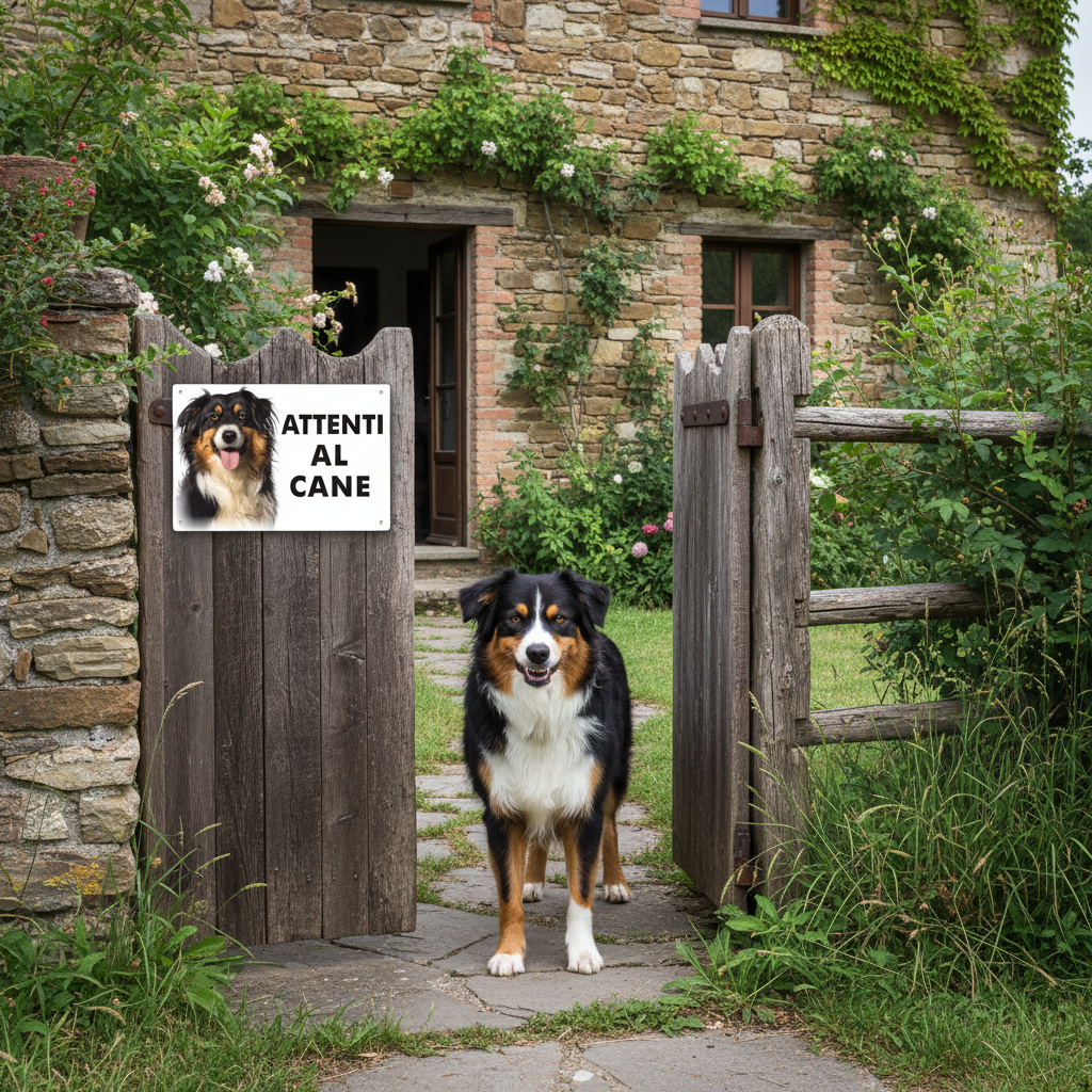 Cartello Attenti al Cane con Australian Shepherd - Ambientazione rurale