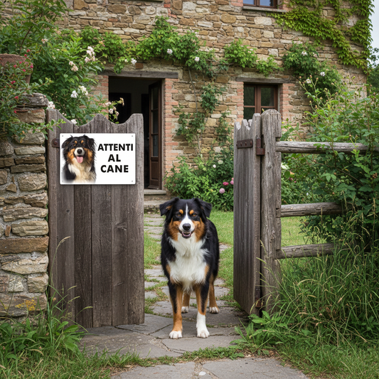 Cartello Attenti al Cane con Australian Shepherd - Ambientazione rurale