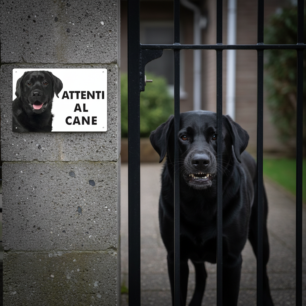 Cartello Attenti al Cane con Labrador nero dietro cancello