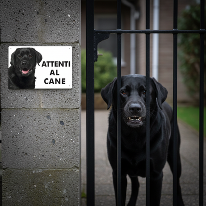 Cartello Attenti al Cane con Labrador nero dietro cancello
